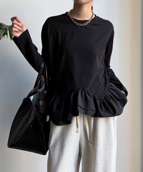 DouDou(ドゥドゥ)の「裾異素材切替フリルカットソー(Tシャツ/カットソー・レディース・ブラック/オフホワイト・FREE)」の11枚目の写真