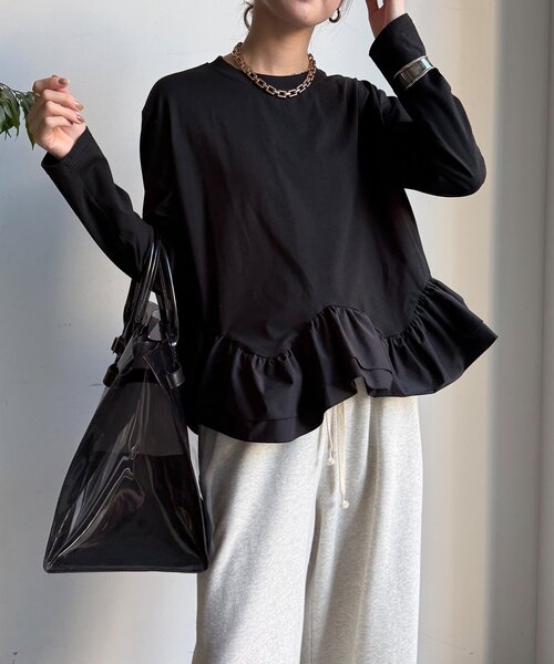 DouDou(ドゥドゥ)の「裾異素材切替フリルカットソー(Tシャツ/カットソー・レディース・ブラック/オフホワイト・FREE)」の12枚目の写真