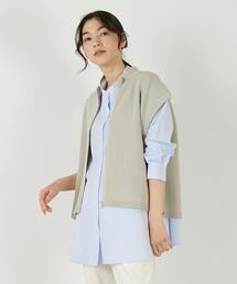 【麻タッチ片畦ハイネックジップアップベスト】