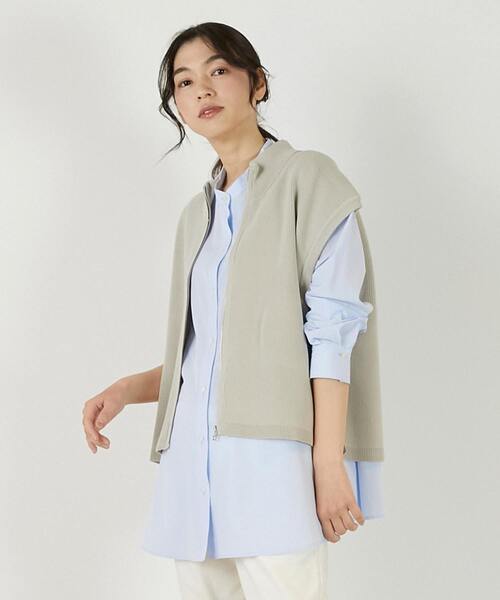 MELROSE claire（メルローズ クレール）の「【麻タッチ片畦ハイネックジップアップベスト】（ベスト・レディース・グレイッシュベージュ/ブラック/オフホワイト・FREE）」の3枚目の写真