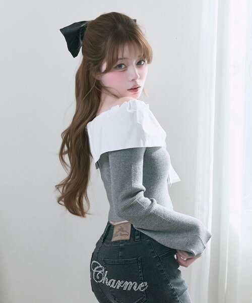 OLIVE des OLIVE（オリーブデオリーブ）の「【Belle Charme】Big Ribbon Offshoulder Knit（ニット/セーター・レディース・ブラック/チャコールグレー・FREE）」の11枚目の写真