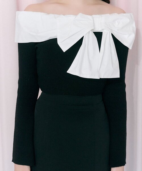 OLIVE des OLIVE（オリーブデオリーブ）の「【Belle Charme】Big Ribbon Offshoulder Knit（ニット/セーター・レディース・ブラック/チャコールグレー・FREE）」の14枚目の写真