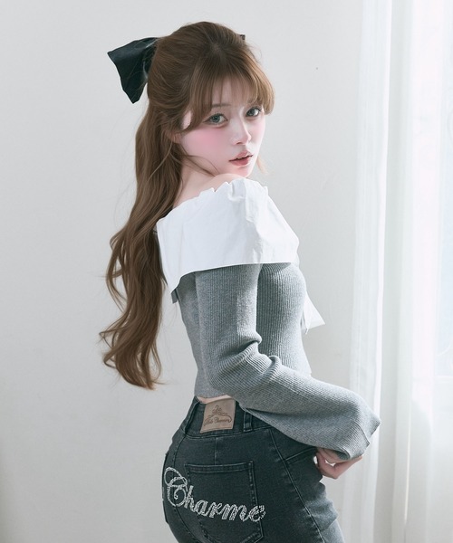 OLIVE des OLIVE（オリーブデオリーブ）の「【Belle Charme】Big Ribbon Offshoulder Knit（ニット/セーター・レディース・ブラック/チャコールグレー・FREE）」の3枚目の写真