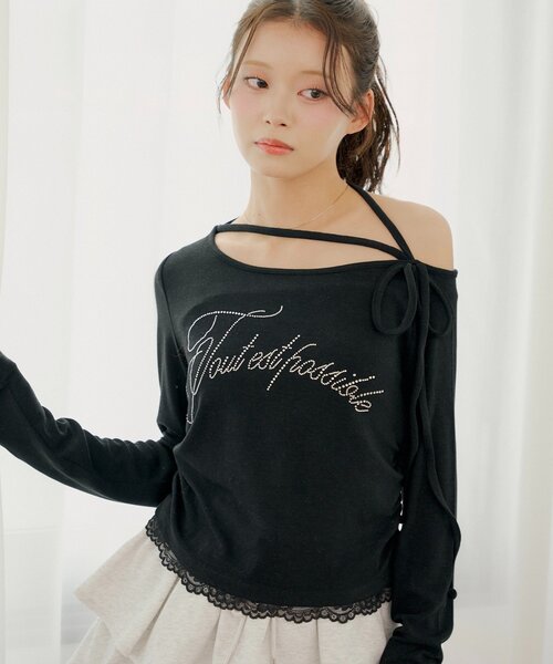 Chico（チコ）の「ラインストーンロゴワンショルT（Tシャツ/カットソー・レディース・ピンク/ブラック/アイボリー/グレー・FREE）」の4枚目の写真