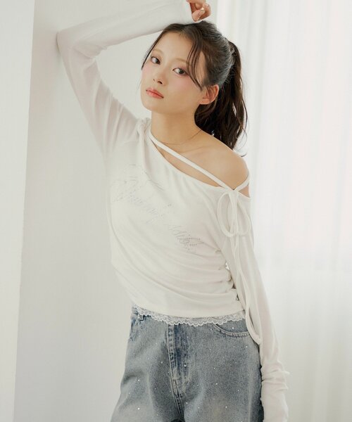 Chico（チコ）の「ラインストーンロゴワンショルT（Tシャツ/カットソー・レディース・ピンク/ブラック/アイボリー/グレー・FREE）」の20枚目の写真