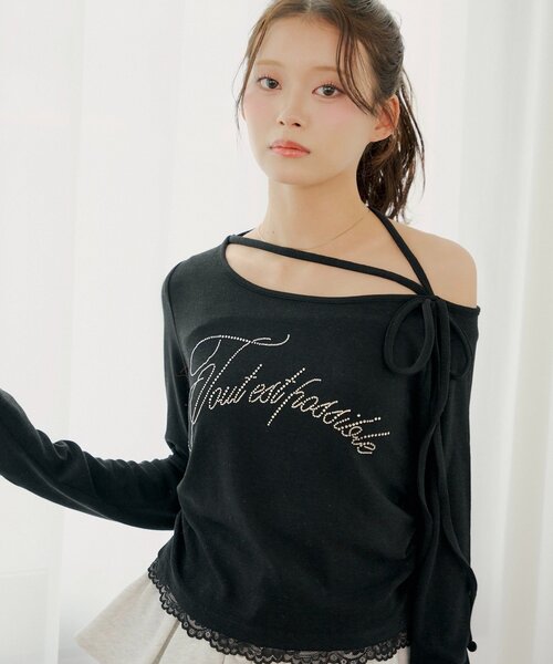 Chico（チコ）の「ラインストーンロゴワンショルT（Tシャツ/カットソー・レディース・ピンク/ブラック/アイボリー/グレー・FREE）」の16枚目の写真