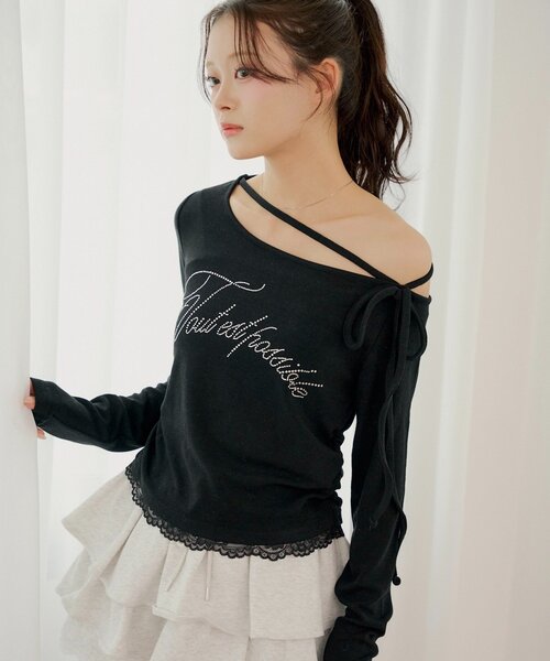 Chico（チコ）の「ラインストーンロゴワンショルT（Tシャツ/カットソー・レディース・ピンク/ブラック/アイボリー/グレー・FREE）」の15枚目の写真