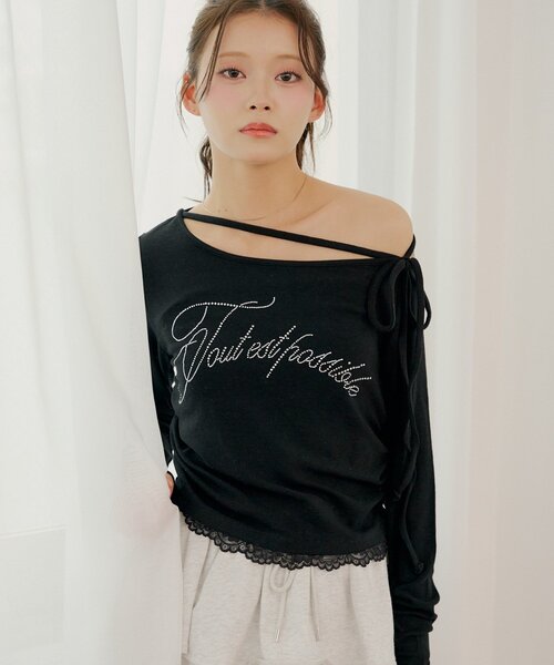 Chico（チコ）の「ラインストーンロゴワンショルT（Tシャツ/カットソー・レディース・ピンク/ブラック/アイボリー/グレー・FREE）」の14枚目の写真