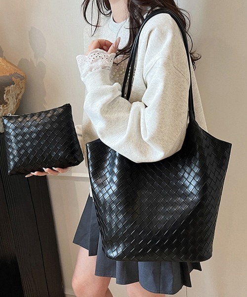 ONEP STAR(ワンピスター)の「ミニバック付き×メッシュ編みトートバッグ(トートバッグ・レディース・ブラック/ピンク/シルバー/オフホワイト・FREE)」の3枚目の写真