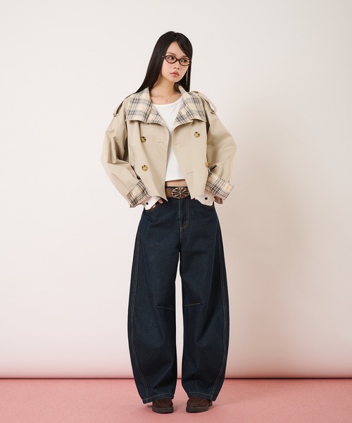 hazyl（ヘイジル）の「classic check short trench / クラシックチェックショートトレンチ（ブルゾン・レディース・ベージュ/ネイビー・フリー）」の20枚目の写真