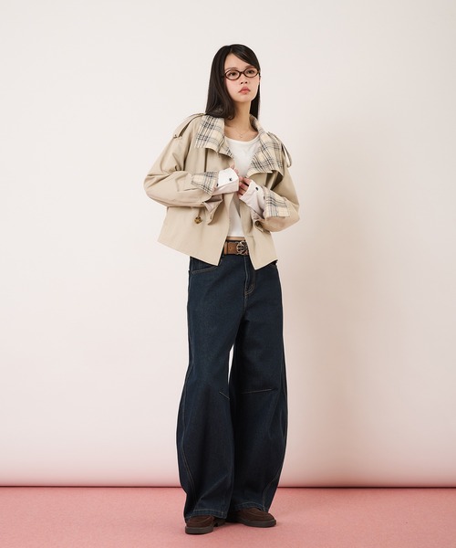 hazyl（ヘイジル）の「classic check short trench / クラシックチェックショートトレンチ（ブルゾン・レディース・ベージュ/ネイビー・フリー）」の22枚目の写真