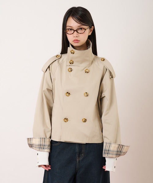 hazyl（ヘイジル）の「classic check short trench / クラシックチェックショートトレンチ（ブルゾン・レディース・ベージュ/ネイビー・フリー）」の17枚目の写真