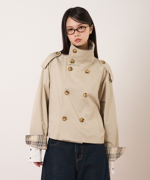hazyl（ヘイジル）の「classic check short trench / クラシックチェックショートトレンチ（ブルゾン・レディース・ベージュ/ネイビー・フリー）」の18枚目の写真