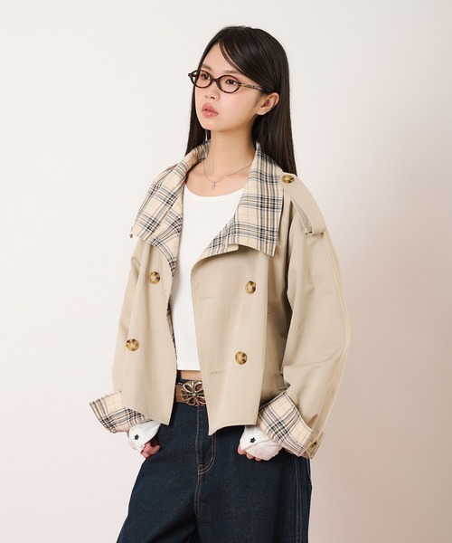 hazyl（ヘイジル）の「classic check short trench / クラシックチェックショートトレンチ（ブルゾン・レディース・ベージュ/ネイビー・フリー）」の3枚目の写真