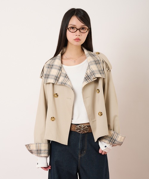 hazyl（ヘイジル）の「classic check short trench / クラシックチェックショートトレンチ（ブルゾン・レディース・ベージュ/ネイビー・フリー）」の4枚目の写真