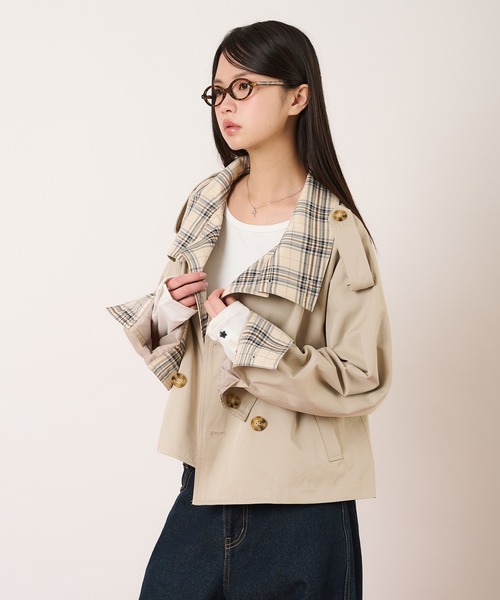 hazyl（ヘイジル）の「classic check short trench / クラシックチェックショートトレンチ（ブルゾン・レディース・ベージュ/ネイビー・フリー）」の7枚目の写真