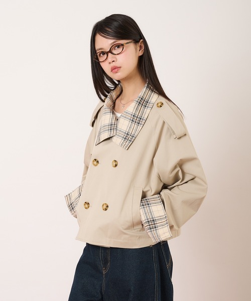 hazyl（ヘイジル）の「classic check short trench / クラシックチェックショートトレンチ（ブルゾン・レディース・ベージュ/ネイビー・フリー）」の11枚目の写真