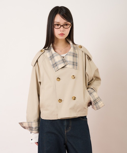 hazyl（ヘイジル）の「classic check short trench / クラシックチェックショートトレンチ（ブルゾン・レディース・ベージュ/ネイビー・フリー）」の12枚目の写真