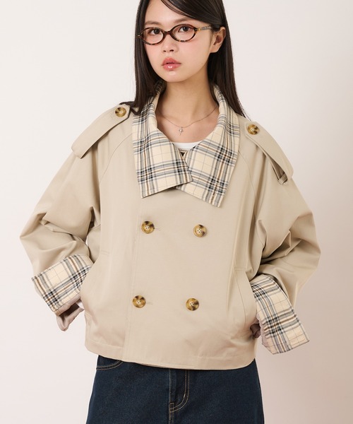 hazyl（ヘイジル）の「classic check short trench / クラシックチェックショートトレンチ（ブルゾン・レディース・ベージュ/ネイビー・フリー）」の8枚目の写真
