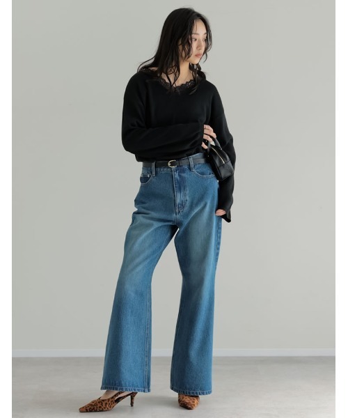 Re:EDIT（リエディ）の「[DENIM COLLECTION][低身長/高身長サイズ有]コットンブレンドセミフレアデニムパンツ（デニムパンツ・レディース・ブラック/ブルー・SHORT/MEDIUM/TALL/LARGE）」の13枚目の写真