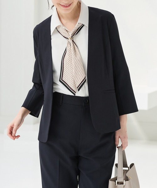 Honeys(ハニーズ)の「【ストレッチ・ウォッシャブル・イージーケア・接触冷感】8分袖カラーレスジャケット(ノーカラージャケット・レディース・杢グレー/ライトグレー系/ネイビー/ブラック/ベージュ・LL/3L/S/M/L)」の1枚目の写真