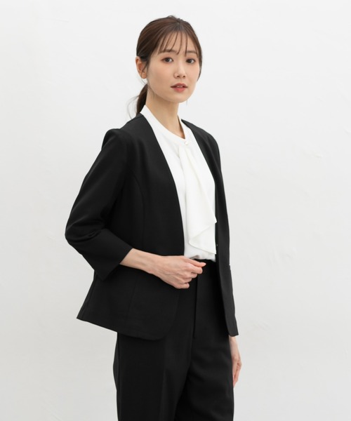 Honeys(ハニーズ)の「【ストレッチ・ウォッシャブル・イージーケア・接触冷感】8分袖カラーレスジャケット(ノーカラージャケット・レディース・杢グレー/ライトグレー系/ネイビー/ブラック/ベージュ・LL/3L/S/M/L)」の12枚目の写真