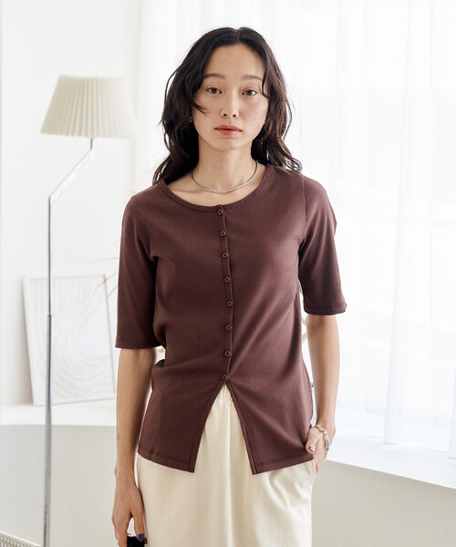 FREAK'S STORE（フリークスストア）の「コットンモダール 半袖カーディガン（Tシャツ/カットソー・レディース・ホワイト/ブラウン/ブラック/サックスブルー/その他/ライトグレー・ﾌﾘ-）」の5枚目の写真