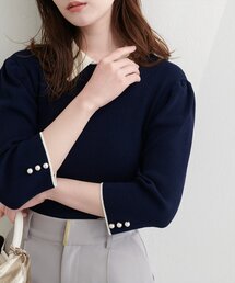 配色衿付き6分袖リブニット