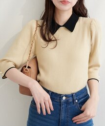 natural couture | 配色衿付き6分袖リブニット(カーディガン/ボレロ)