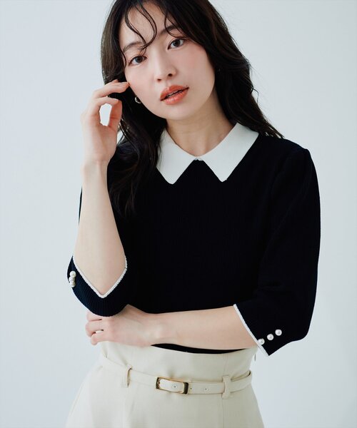 natural couture（ナチュラルクチュール）の「配色衿付き6分袖リブニット（カーディガン/ボレロ・レディース・ブラック/アイボリー/ネイビー/モカ・FREE）」の2枚目の写真