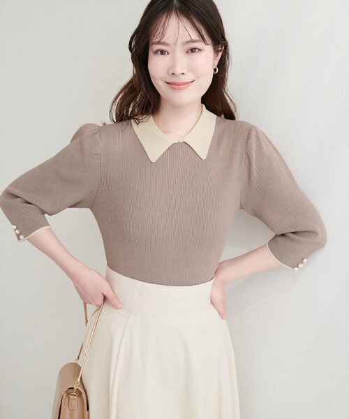 natural couture（ナチュラルクチュール）の「配色衿付き6分袖リブニット（カーディガン/ボレロ・レディース・ブラック/アイボリー/ネイビー/モカ・FREE）」の3枚目の写真