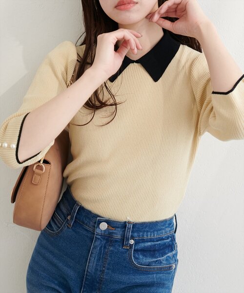 natural couture（ナチュラルクチュール）の「配色衿付き6分袖リブニット（カーディガン/ボレロ・レディース・ブラック/アイボリー/ネイビー/モカ・FREE）」の5枚目の写真