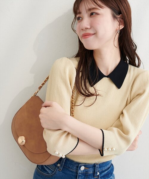 natural couture（ナチュラルクチュール）の「配色衿付き6分袖リブニット（カーディガン/ボレロ・レディース・ブラック/アイボリー/ネイビー/モカ・FREE）」の6枚目の写真