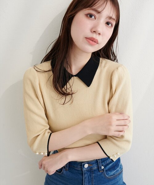 natural couture（ナチュラルクチュール）の「配色衿付き6分袖リブニット（カーディガン/ボレロ・レディース・ブラック/アイボリー/ネイビー/モカ・FREE）」の7枚目の写真