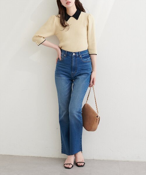 natural couture（ナチュラルクチュール）の「配色衿付き6分袖リブニット（カーディガン/ボレロ・レディース・ブラック/アイボリー/ネイビー/モカ・FREE）」の8枚目の写真