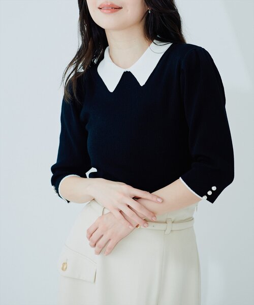 natural couture（ナチュラルクチュール）の「配色衿付き6分袖リブニット（カーディガン/ボレロ・レディース・ブラック/アイボリー/ネイビー/モカ・FREE）」の10枚目の写真