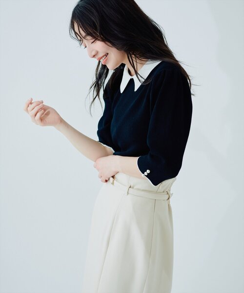 natural couture（ナチュラルクチュール）の「配色衿付き6分袖リブニット（カーディガン/ボレロ・レディース・ブラック/アイボリー/ネイビー/モカ・FREE）」の12枚目の写真