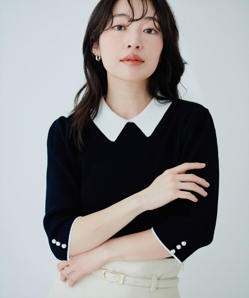 natural couture（ナチュラルクチュール）の「配色衿付き6分袖リブニット（カーディガン/ボレロ・レディース・ブラック/アイボリー/ネイビー/モカ・FREE）」の13枚目の写真