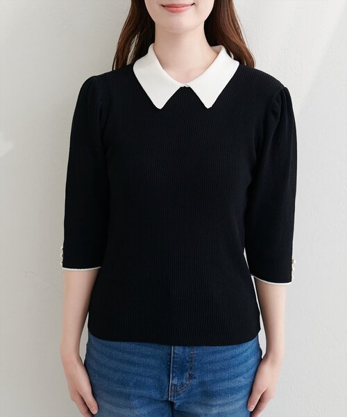 natural couture（ナチュラルクチュール）の「配色衿付き6分袖リブニット（カーディガン/ボレロ・レディース・ブラック/アイボリー/ネイビー/モカ・FREE）」の16枚目の写真