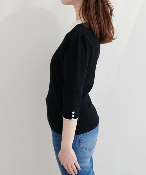 natural couture（ナチュラルクチュール）の「配色衿付き6分袖リブニット（カーディガン/ボレロ・レディース・ブラック/アイボリー/ネイビー/モカ・FREE）」の17枚目の写真
