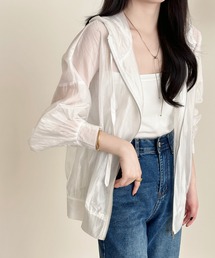 DAY CLOSET | 【フード付き】艶めく光沢シアー。長袖 パフスリーブ シャーリング フロントジップ パーカー レディース(パーカー)