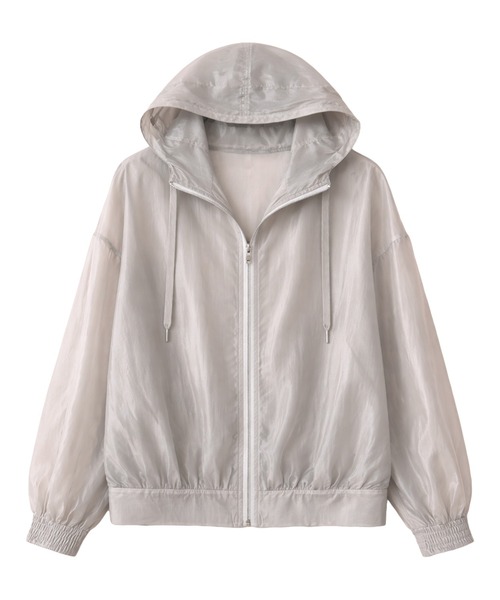 DAY CLOSET（デイ クローゼット）の「【フード付き】艶めく光沢シアー。長袖 パフスリーブ シャーリング フロントジップ パーカー レディース（パーカー・レディース・ホワイト/ブラック/ライトベージュ/グレー・FREE）」の8枚目の写真