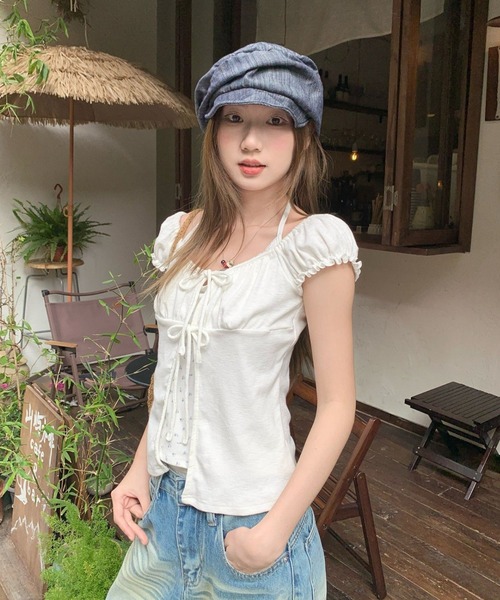 LAC-VERT(ラック・ヴェール)の「フラワーキャミドッキングパフスリーブトップス(Tシャツ/カットソー・レディース・アイボリー/オフホワイト/グレー・FREE)」の5枚目の写真