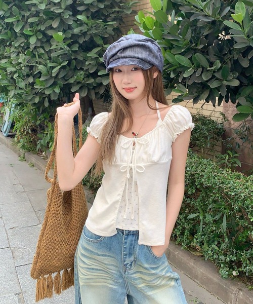 LAC-VERT(ラック・ヴェール)の「フラワーキャミドッキングパフスリーブトップス(Tシャツ/カットソー・レディース・アイボリー/オフホワイト/グレー・FREE)」の7枚目の写真