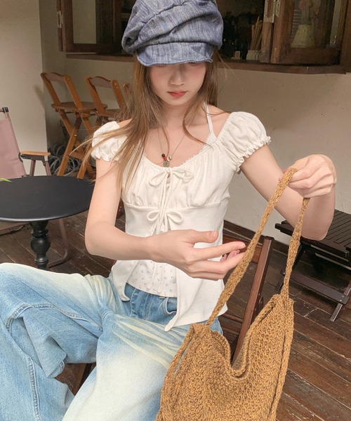 LAC-VERT(ラック・ヴェール)の「フラワーキャミドッキングパフスリーブトップス(Tシャツ/カットソー・レディース・アイボリー/オフホワイト/グレー・FREE)」の6枚目の写真
