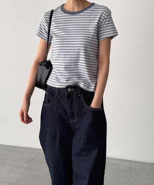 CANAL JEAN（キャナルジーン）の「El mar　細ボーダーTシャツ（Tシャツ/カットソー・レディース・ネイビー/サックスブルー・ONE SIZE）」の2枚目の写真