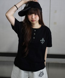 《2サイズ展開 / UNISEX 》胸ラインストーン テレコリブ ヘンリーネック半袖Tシャツ