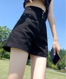 バックレースアップハイウエストデニムショートパンツ