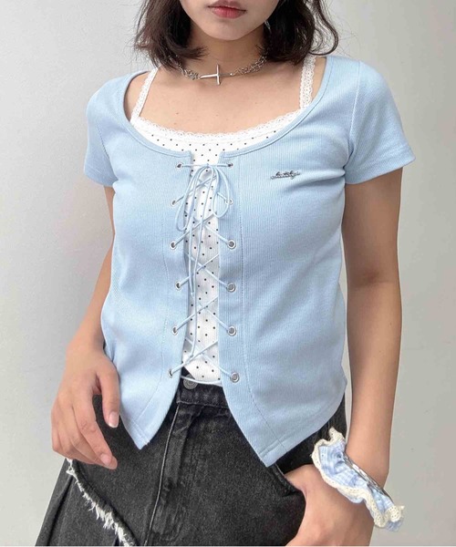 AS KNOW AS plus(アズノゥアズプラス)の「〇レースアップデザイン ドッキング レイヤード風半袖プルオーバー(Tシャツ/カットソー・レディース・ブラック/アイボリー系/杢グレー/サックスブルー系・FREE)」の8枚目の写真