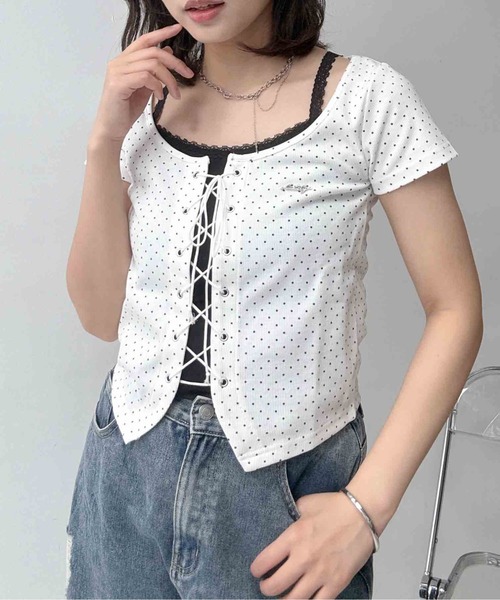 AS KNOW AS plus(アズノゥアズプラス)の「〇レースアップデザイン ドッキング レイヤード風半袖プルオーバー(Tシャツ/カットソー・レディース・ブラック/アイボリー系/杢グレー/サックスブルー系・FREE)」の18枚目の写真